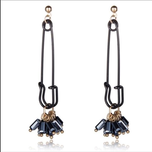 Black Safety Pin Floral Seed Bead Dangle Earrings -NEW - Picture 3 of 4